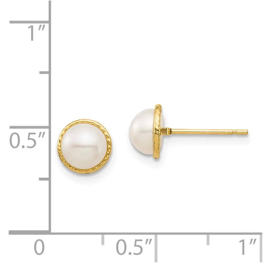 14k Real Yellow Gold 6mm White Button Freshwater Cultured Pearl Stud Earrings