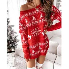 Amy Fashion - Christmas Snowflake Fawn Print Sweater Dress