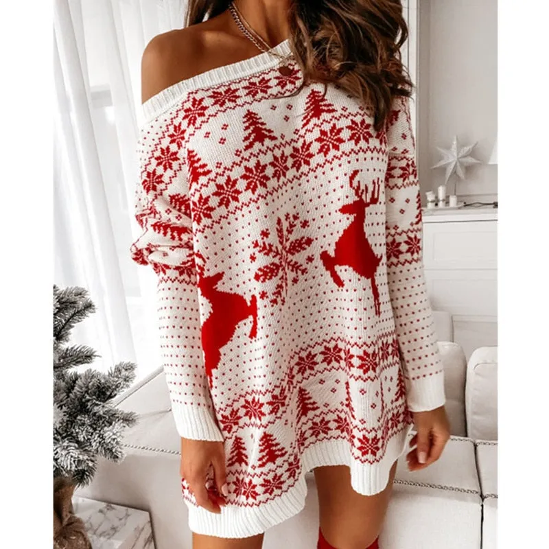 Amy Fashion - Christmas Snowflake Fawn Print Sweater Dress