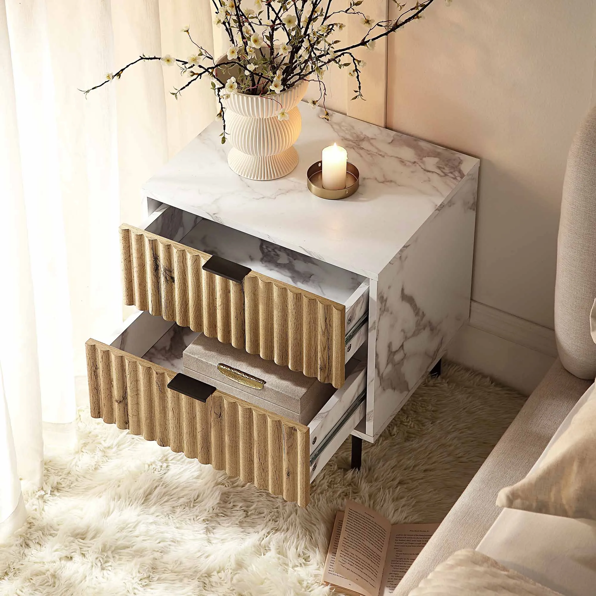 Aspen Oak and Marble Effect 2-Drawer Bedside Table