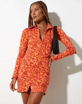 Avaya Button Up Mini Dress in Retro Heart Orange