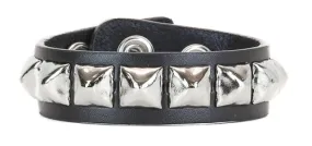 Black Leather Bracelet w/ 1 Row of Silver Pyramid Studs