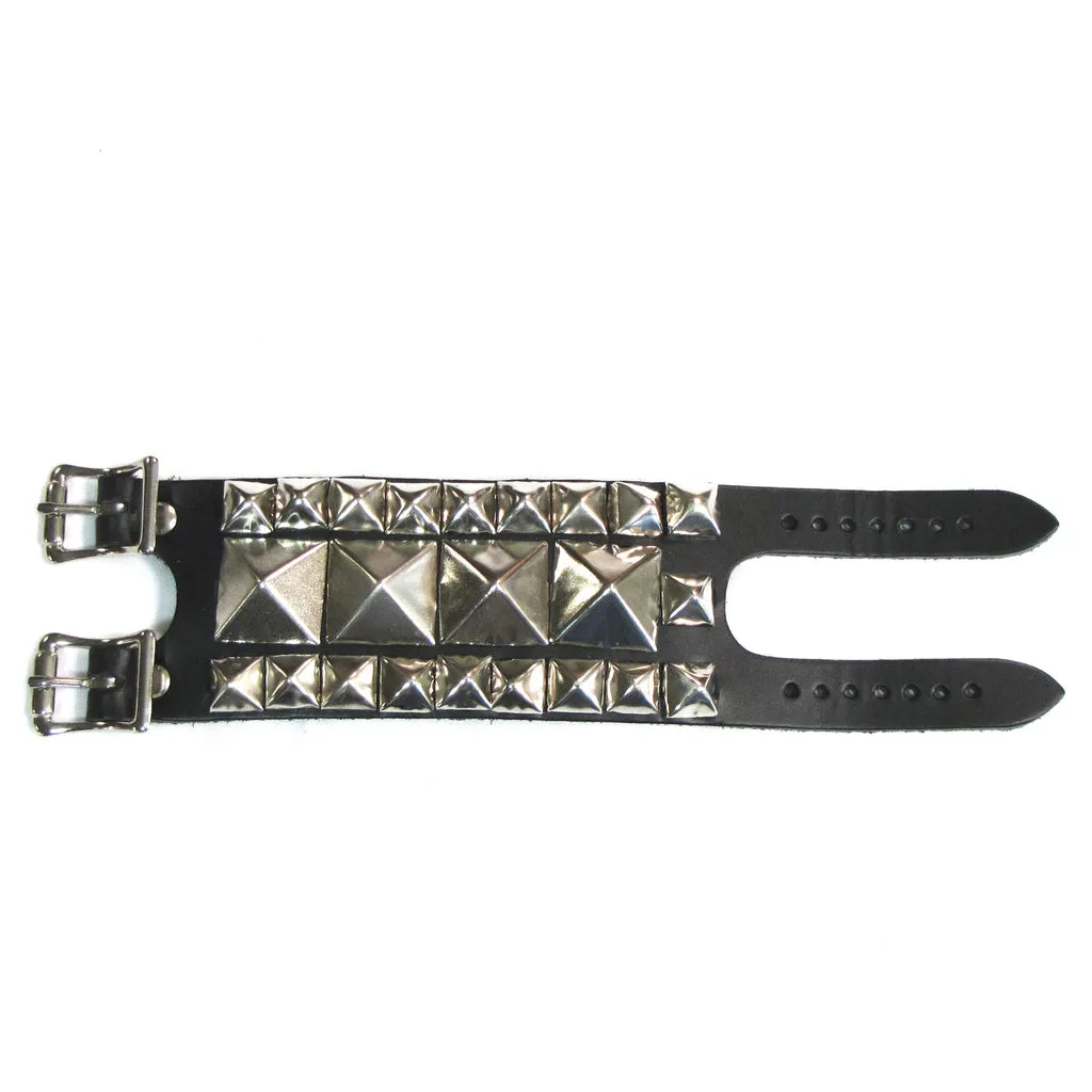 Black Leather Bracelet w/ 3 Rows of Multi-Sized Pyramid Studs