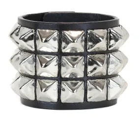 Black Leather Bracelet w/ 3 Rows of Silver Pyramid Studs