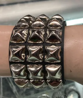 Black Leather Bracelet w/ 3 Rows of Silver Pyramid Studs