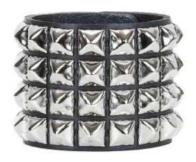 Black Leather Bracelet w/ 4 Rows of Silver Pyramid Studs