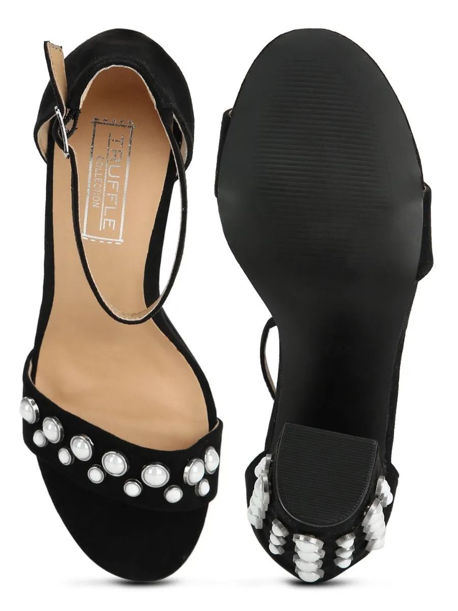 Black Micro Block Heel Studded Sandals