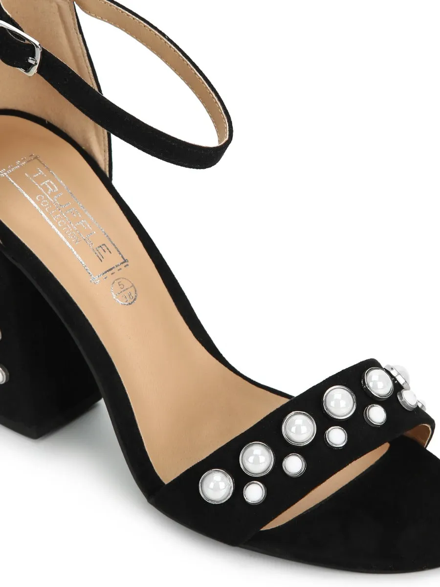 Black Micro Block Heel Studded Sandals