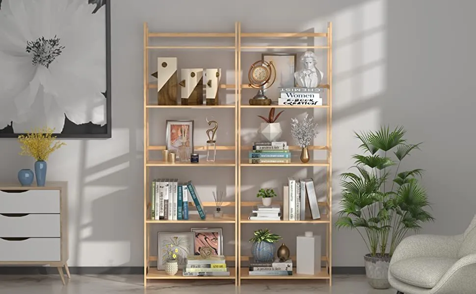 Bookshelf, Ladder Shelf, 4 Tier Tall Bookcase, Modern Open Book Case for Bedroom, Living Room, Office (NATURAL)