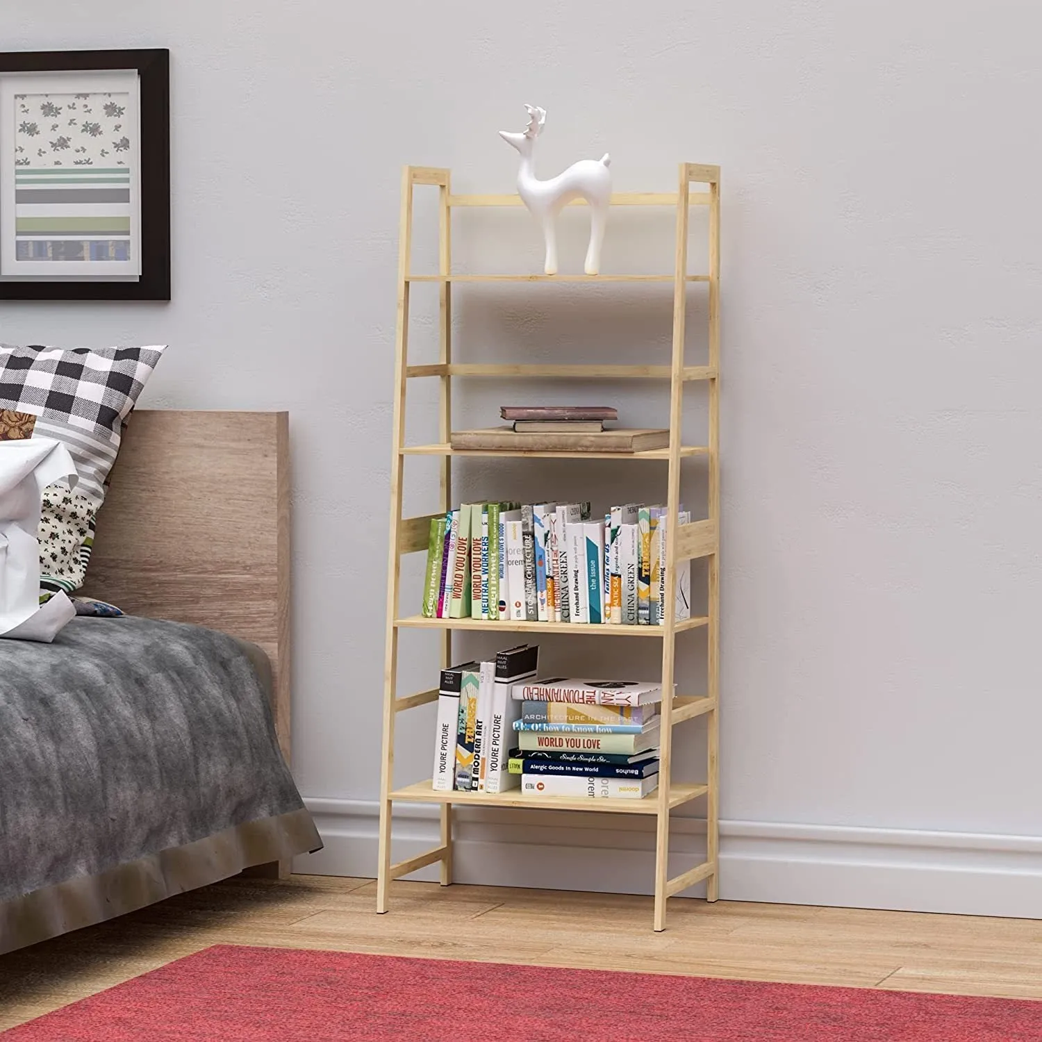 Bookshelf, Ladder Shelf, 4 Tier Tall Bookcase, Modern Open Book Case for Bedroom, Living Room, Office (NATURAL)