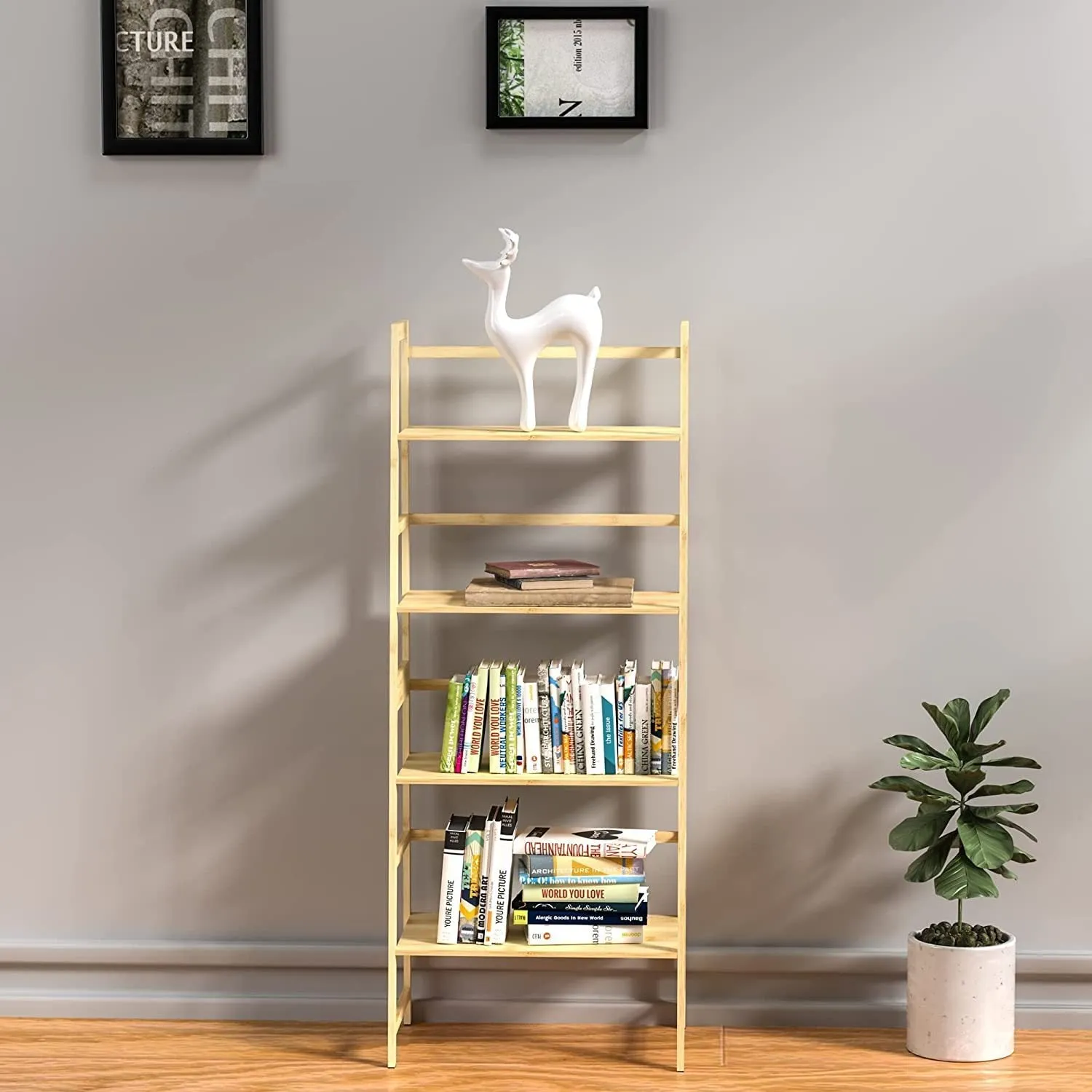 Bookshelf, Ladder Shelf, 4 Tier Tall Bookcase, Modern Open Book Case for Bedroom, Living Room, Office (NATURAL)