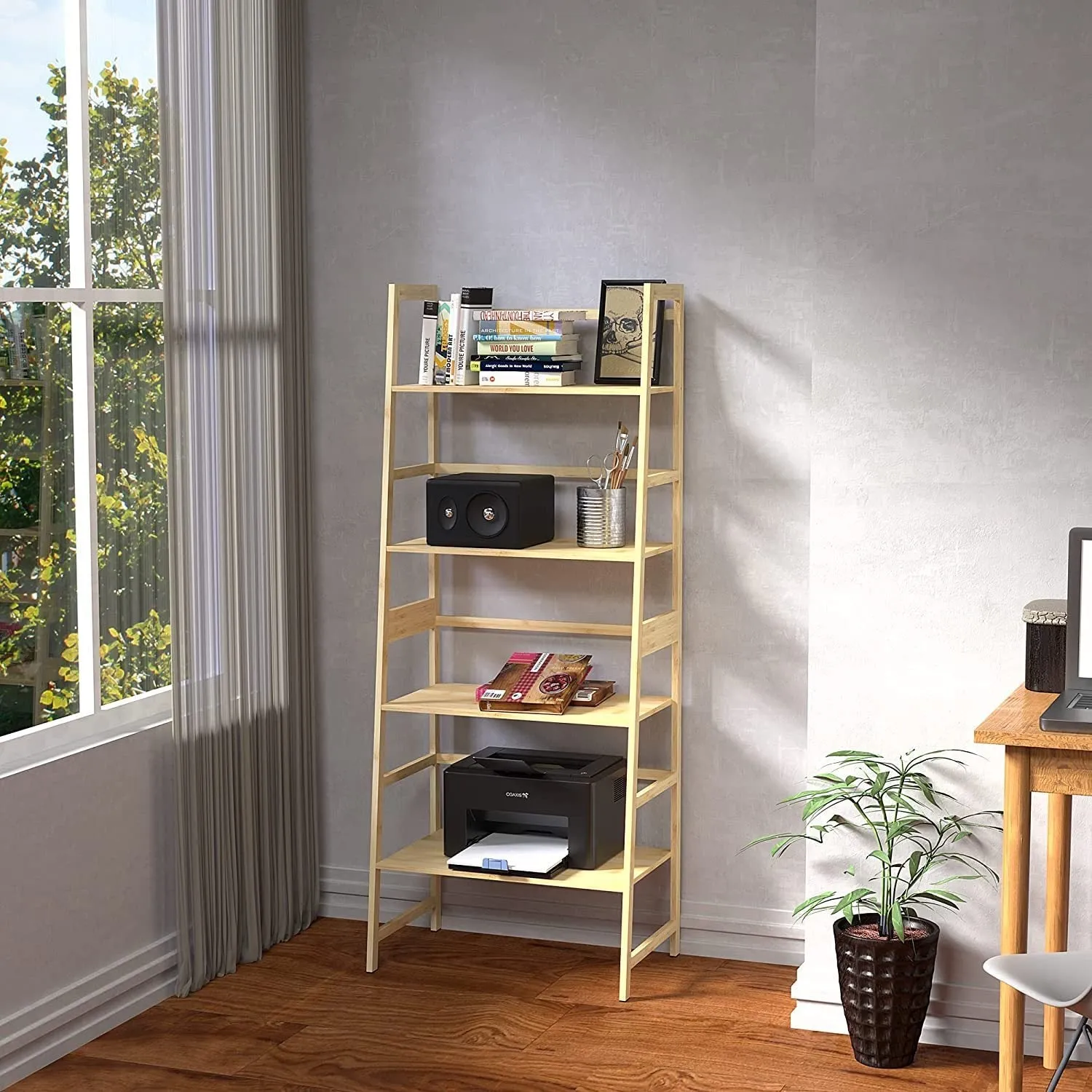 Bookshelf, Ladder Shelf, 4 Tier Tall Bookcase, Modern Open Book Case for Bedroom, Living Room, Office (NATURAL)