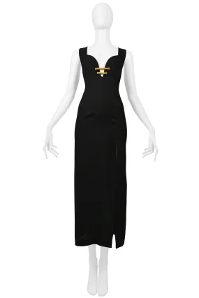 CHRISTIAN LACROIX BLACK LINEN HOLLYWOOD DRESS WITH GOLD TONE HARDWARE & DRAMATIC SLIT