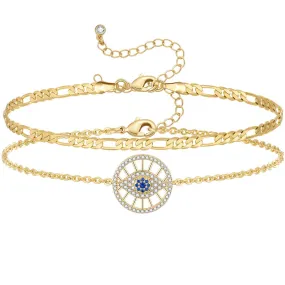 Dainty 14k Gold Plated Layering Evil Eye Anklets Set- Round Eyes Figaro