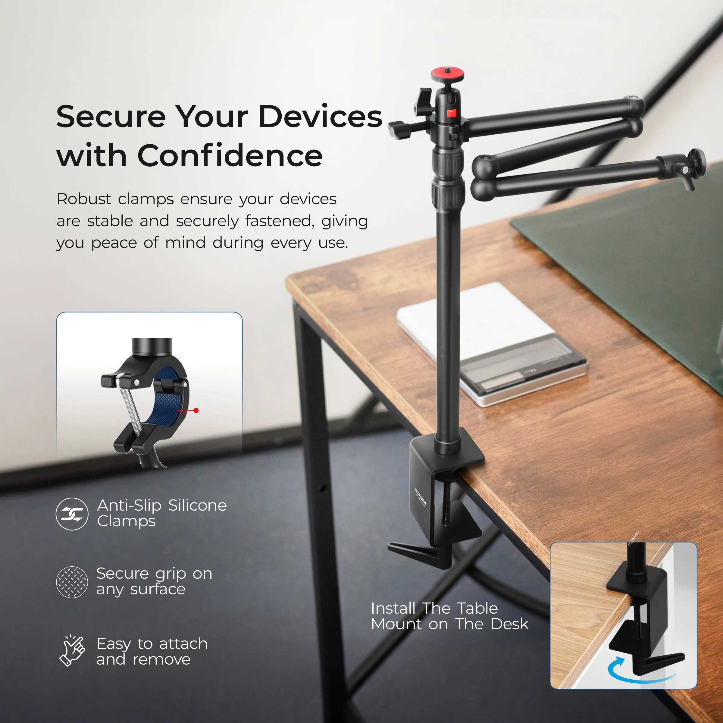 Digitek (DTMHA 001 )Table Mount with Auxiliary Holding Arm for Stream, Overhead Video, Desktop, Bedroom, Bedhead, Office