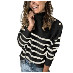 DressBetty - Women Color-Blocking Striped Turtleneck Sweater Long Sleeve Knit Pullover Women FallWinter Fashion Sweatshirt Sweater Tops