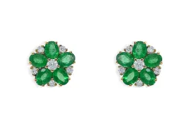 Earrings 14kt Gold Flowers Oval Emeralds & Diamonds