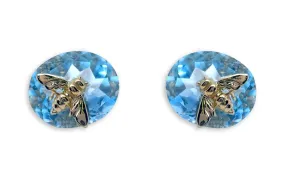 Earrings 18kt Gold Oval Blue Topaz & Bug Studs