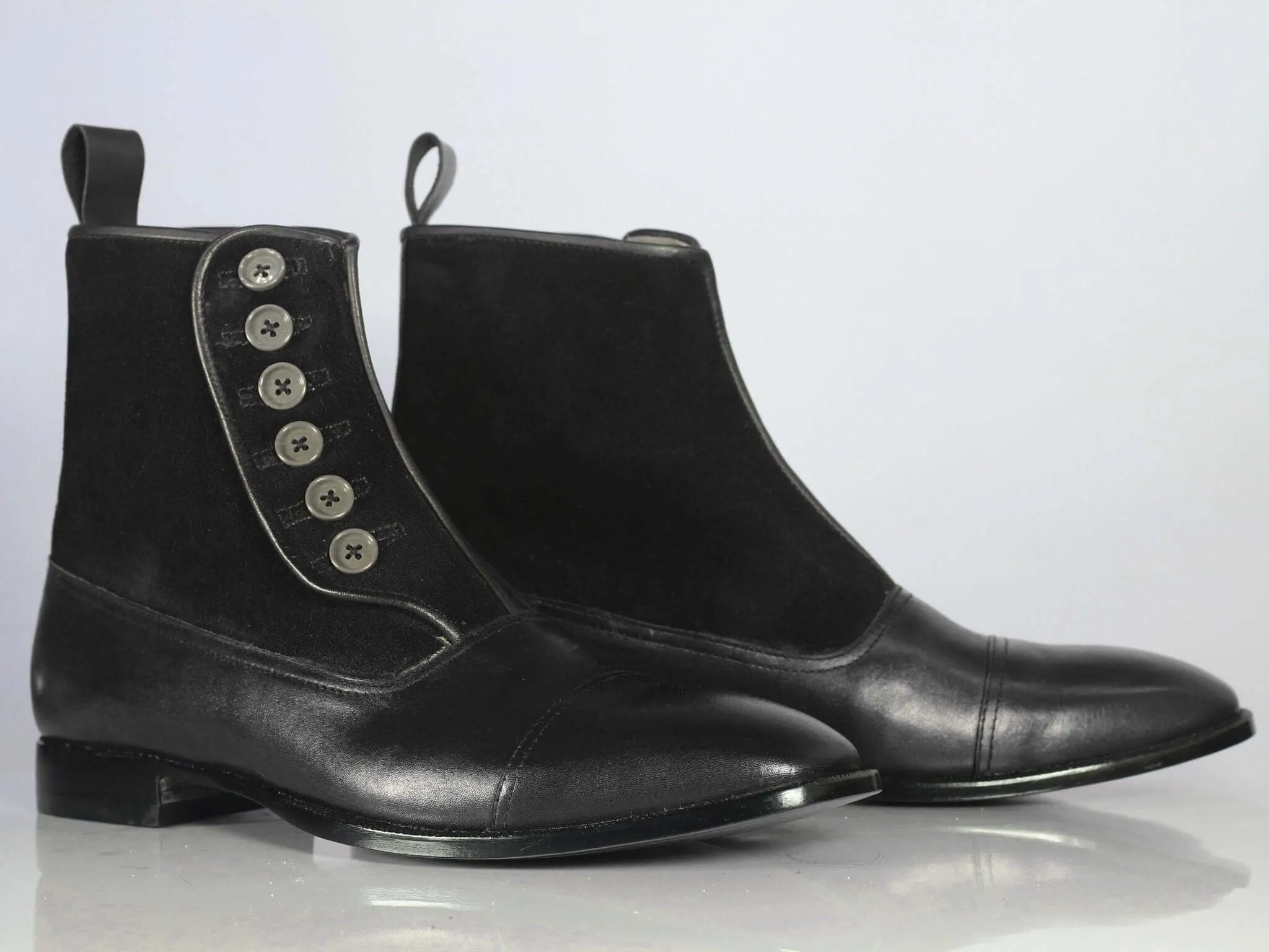 Handmade Men's Black Leather Suede Cap Toe Button Boots, Men Ankle Boots, Men Fashion Boots