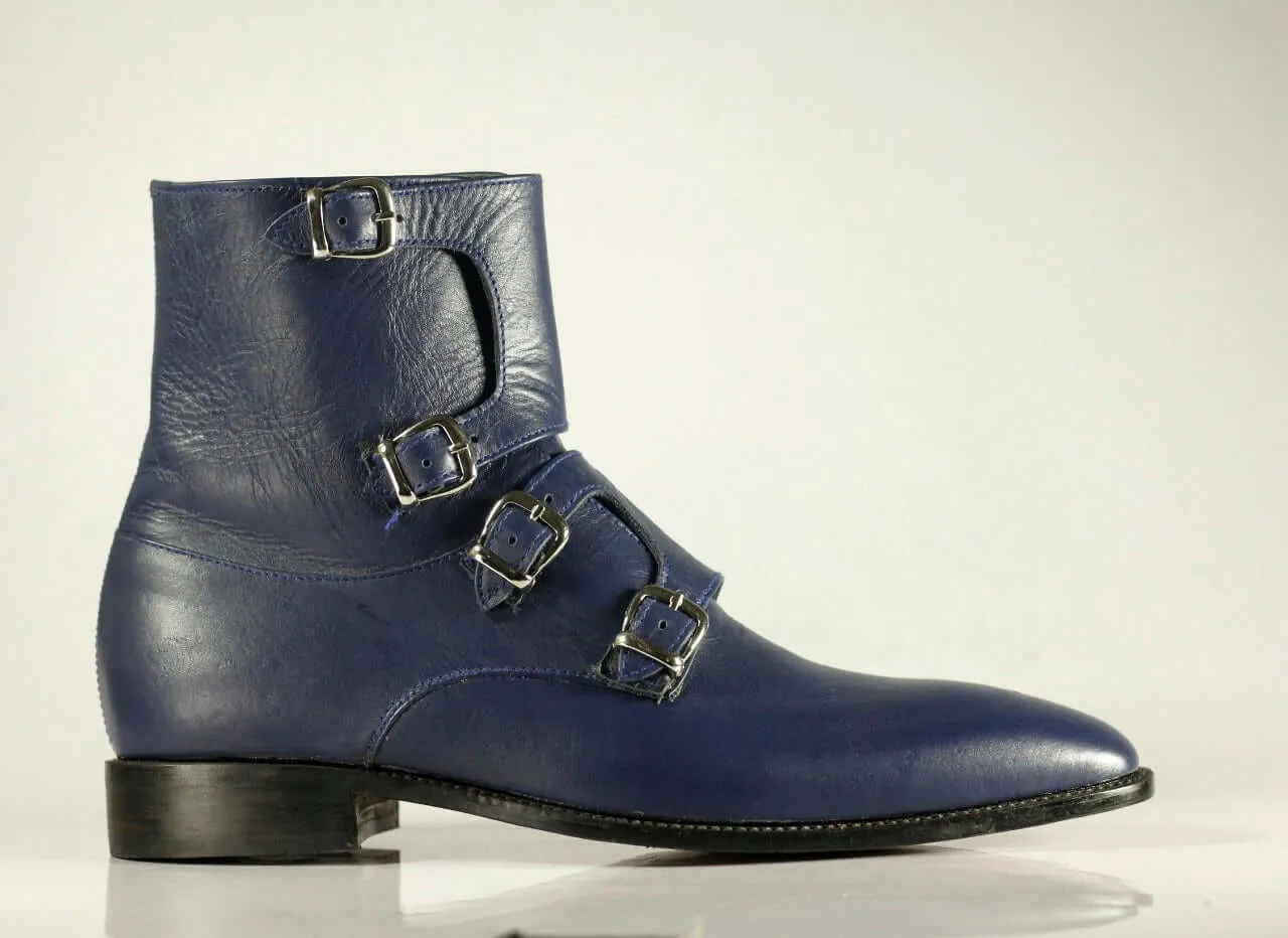 Handmade Men's Blue Quad Monk Straps Leather Ankle Boots, Men Designer Boots