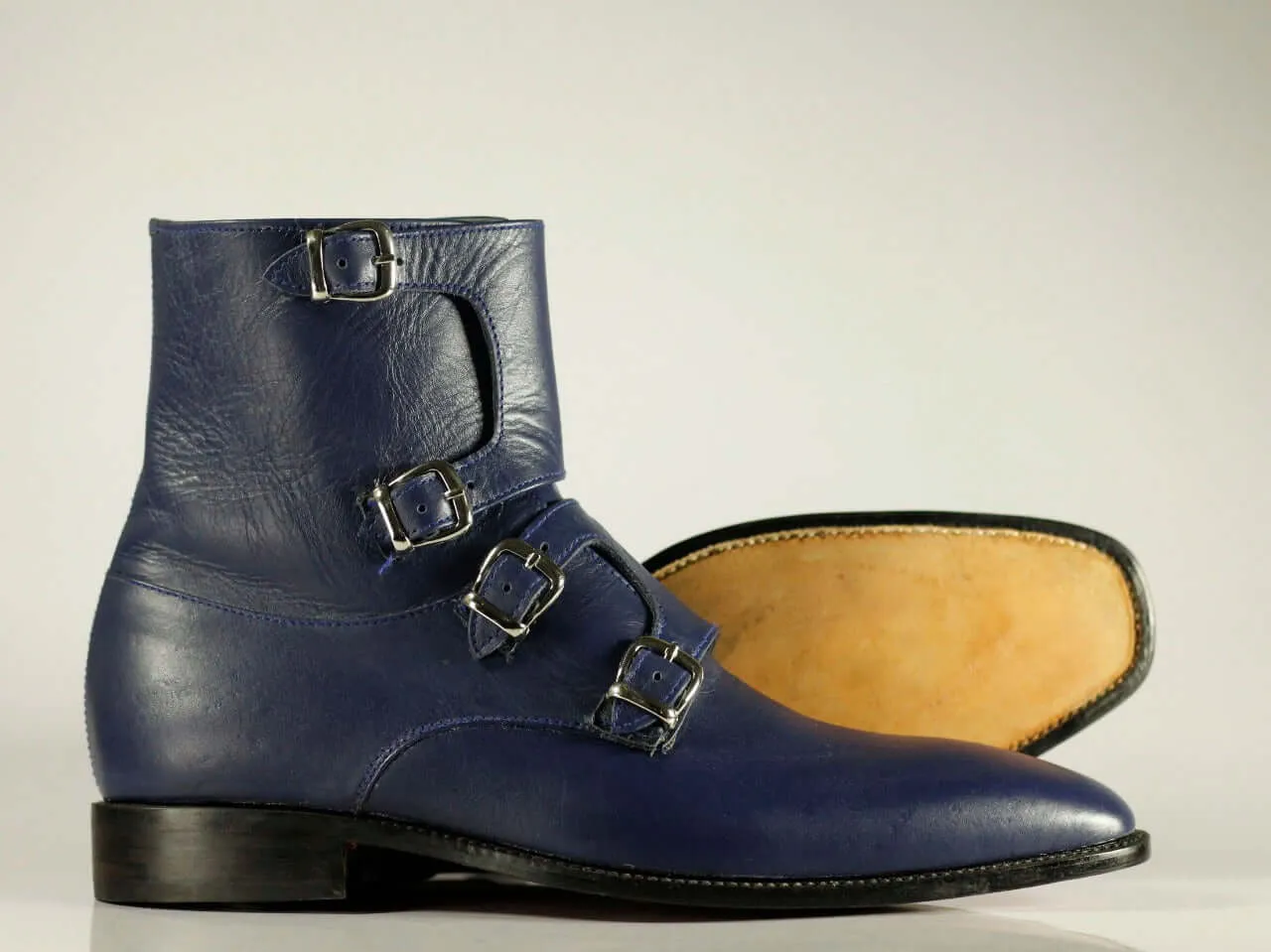 Handmade Men's Blue Quad Monk Straps Leather Ankle Boots, Men Designer Boots