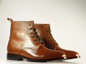 Handmade Men's Brown Leather Cap Toe Lace Up Boots, Men Ankle Boots, Men Designer Boots