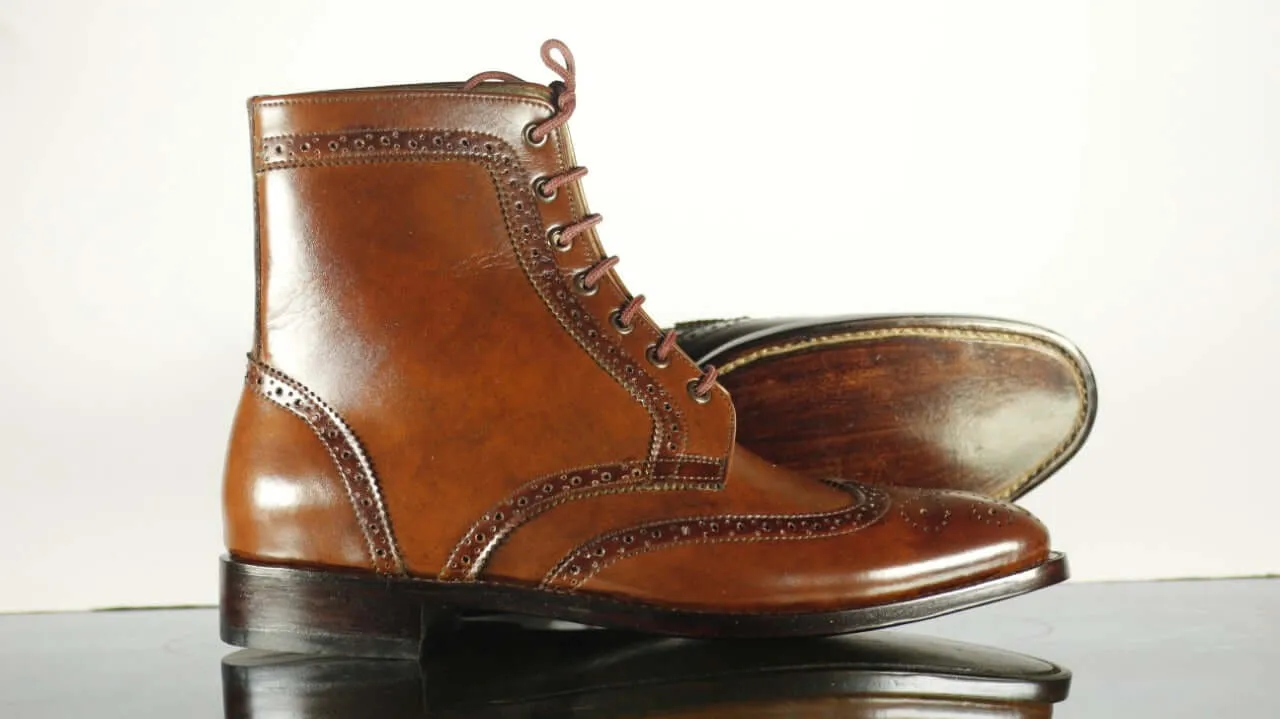 Handmade Men's Brown Leather Wing Tip Brogue Lace Up Boots, Men Ankle Boots, Men Designer Boots