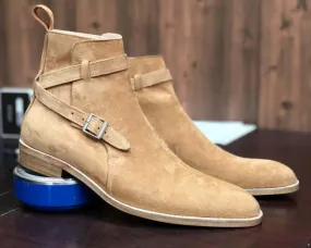 Handmade Men's Tan Jodhpur Suede Buckle Strap Boots, Men Ankle Boots, Men Designer Boots