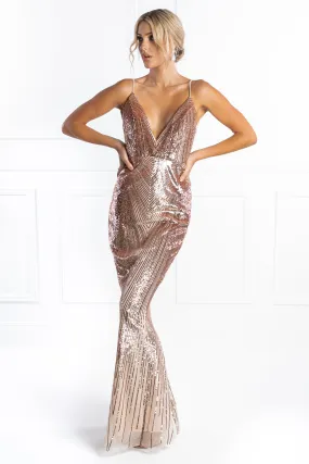 Honey Couture JAYLEN Gold Sequin Low Back Evening Gown Dress