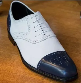 Latest Handmade White & Blue Two Tone Stylish Men's Leather Lace Up Brogue Toe Shoes