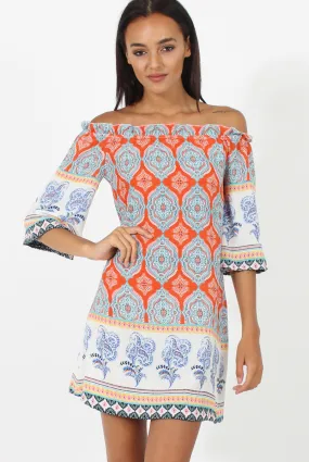 Orange Paisley Print Bardot Frill Trim Dress - Tanya