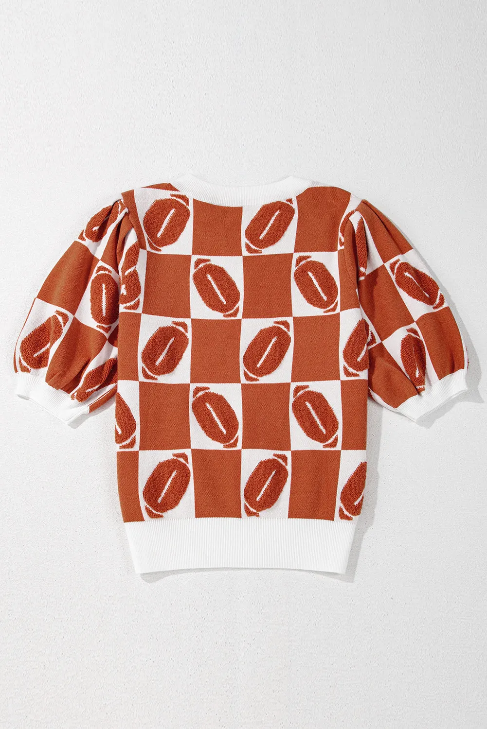 Orange Rugby Plaid Color Block Puff Short Sleeve Sweater