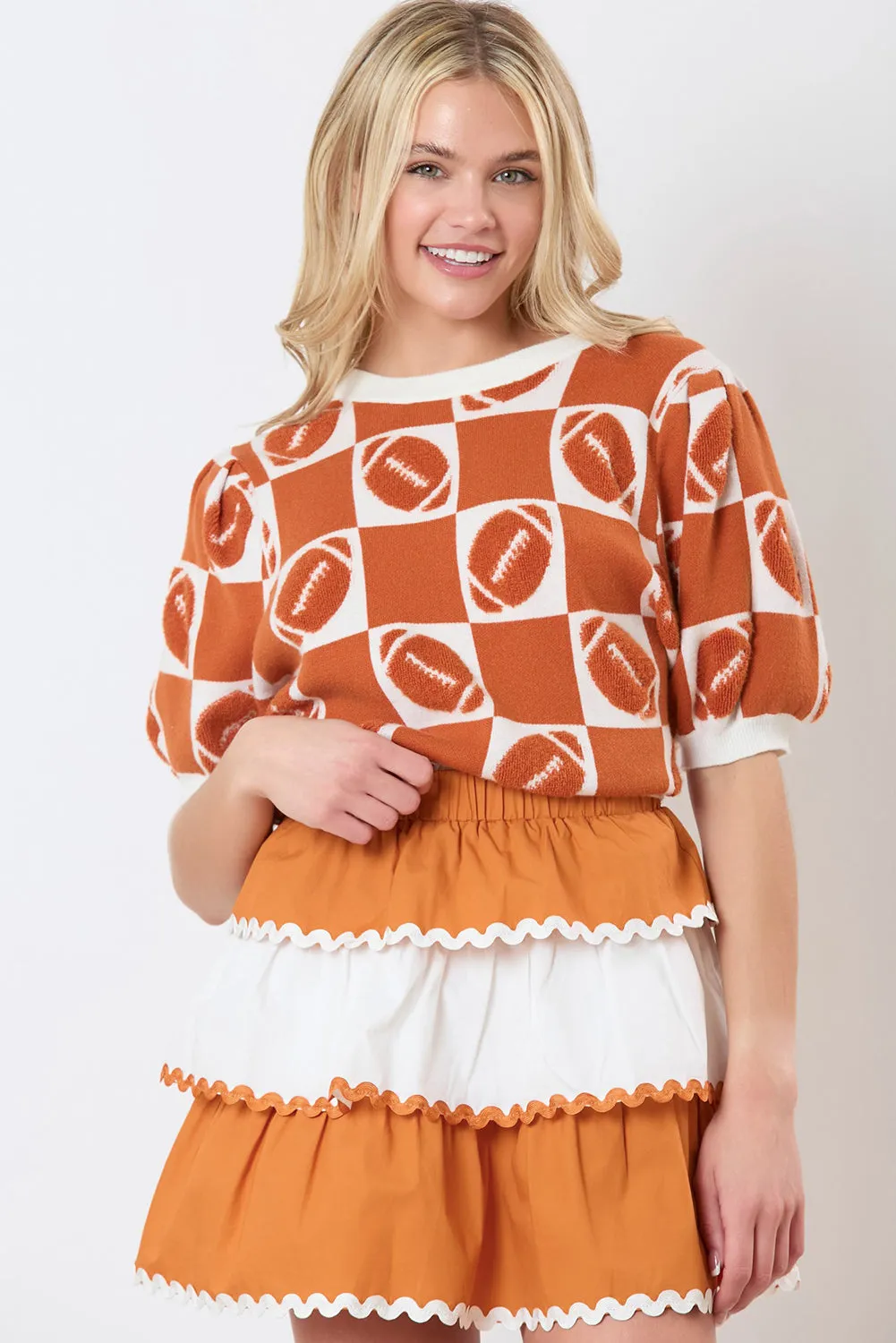 Orange Rugby Plaid Color Block Puff Short Sleeve Sweater