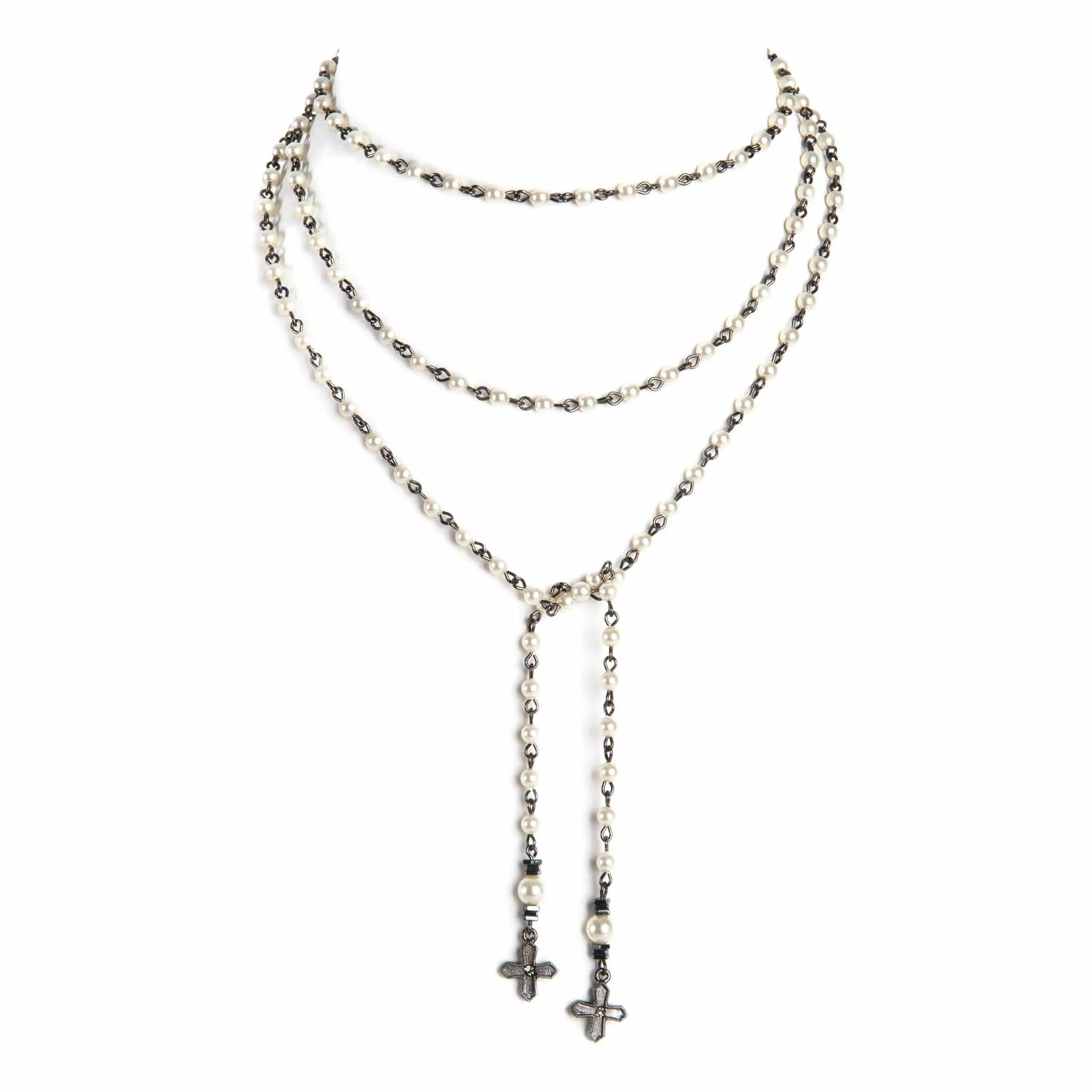 Peace Cross Beaded Lariat Cream Pearl