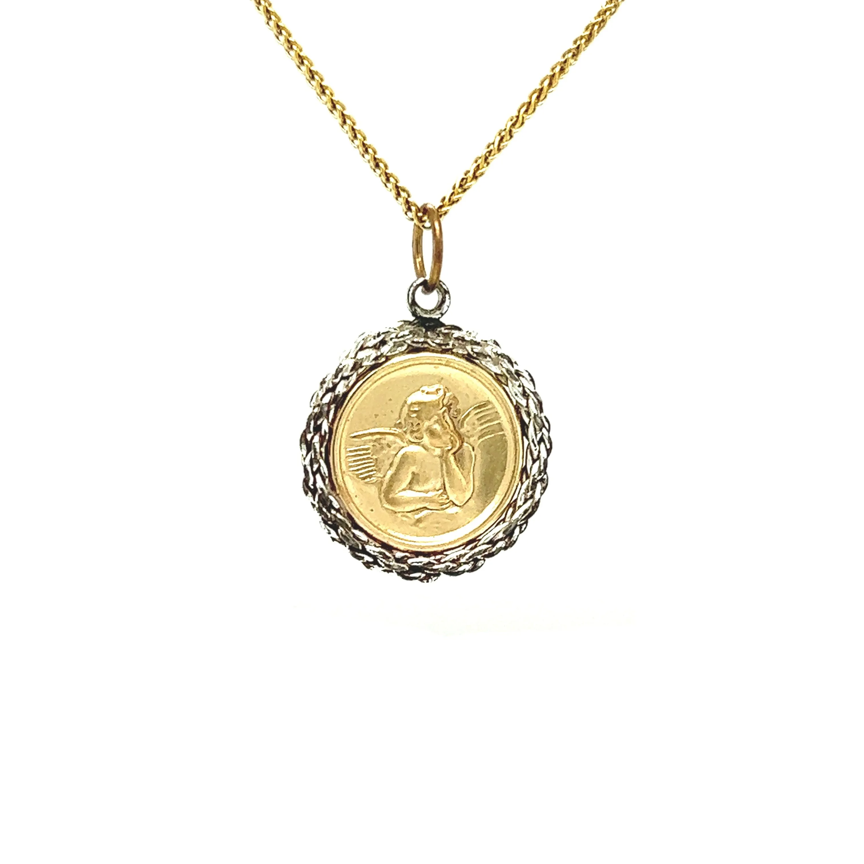 Round Angel Medallion with Textured Frame in 14K Yellow and White Gold