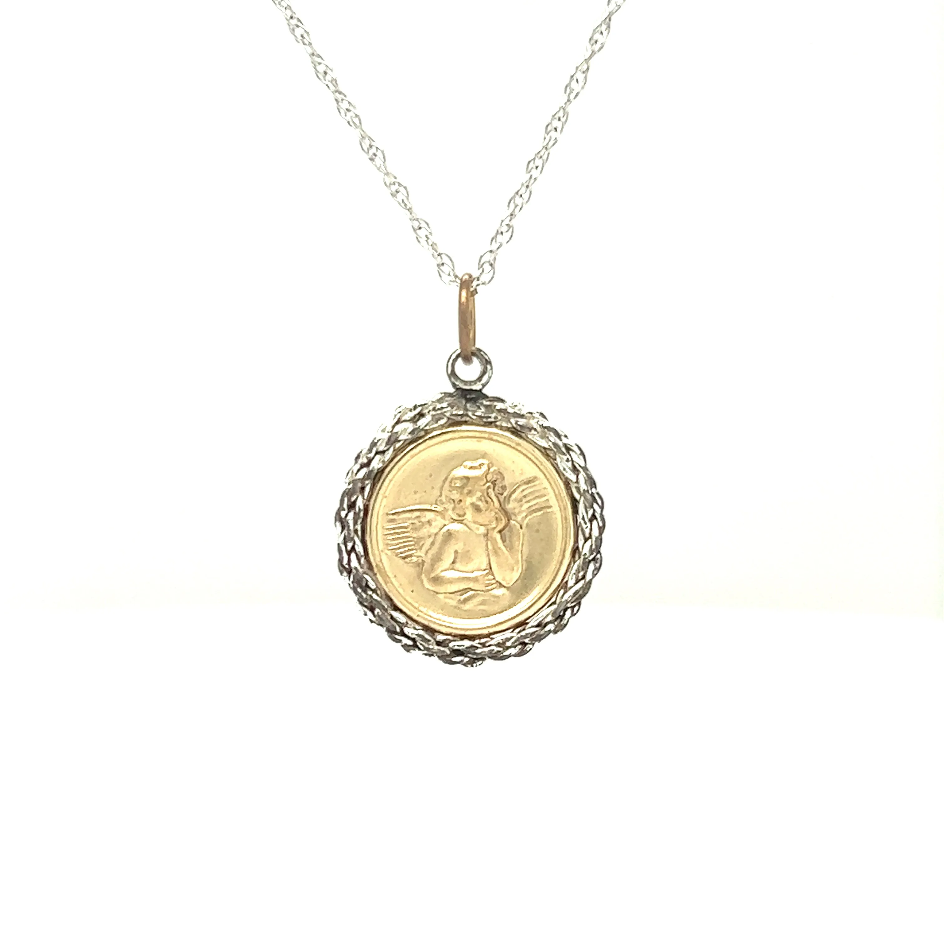 Round Angel Medallion with Textured Frame in 14K Yellow and White Gold