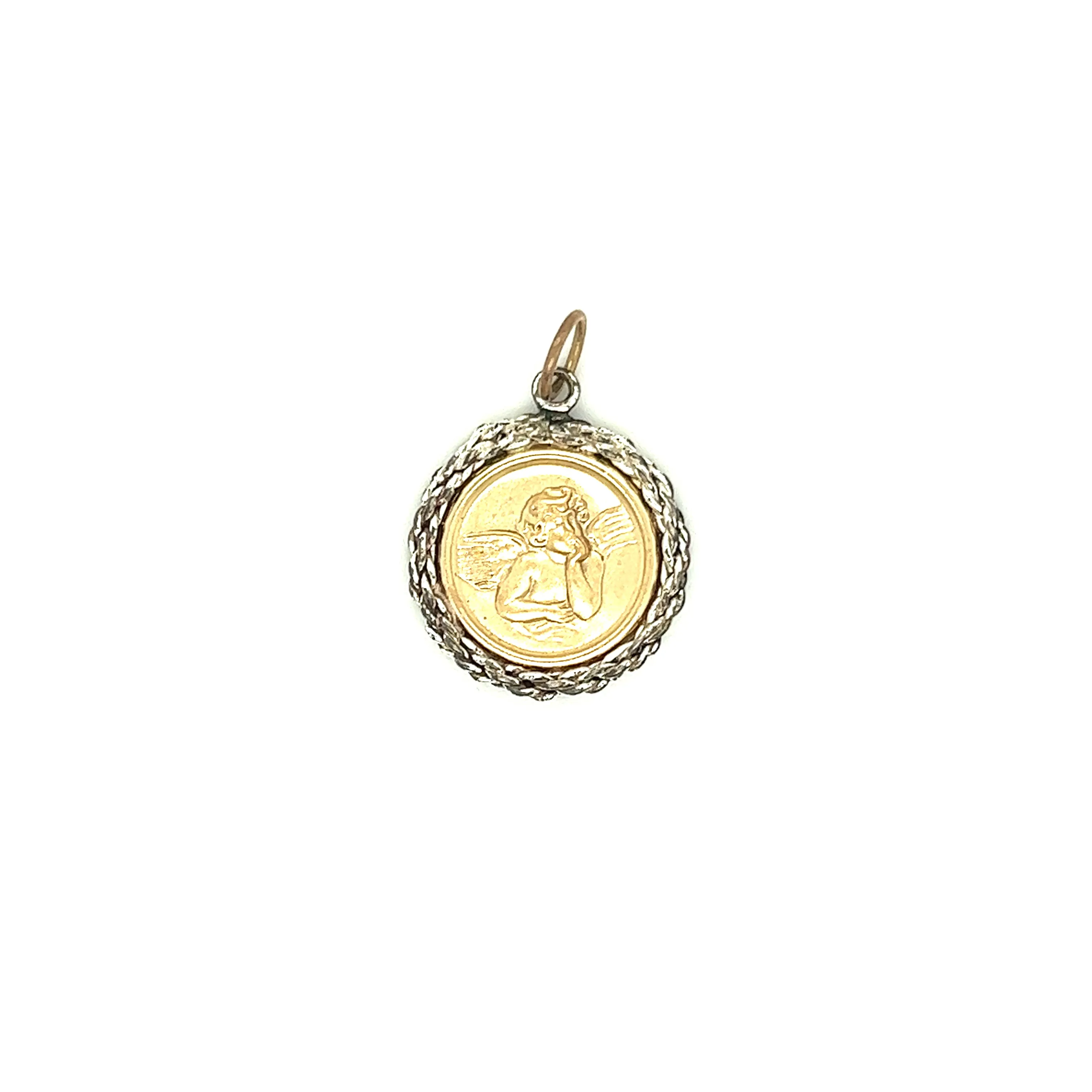 Round Angel Medallion with Textured Frame in 14K Yellow and White Gold