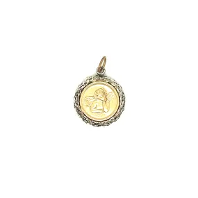 Round Angel Medallion with Textured Frame in 14K Yellow and White Gold