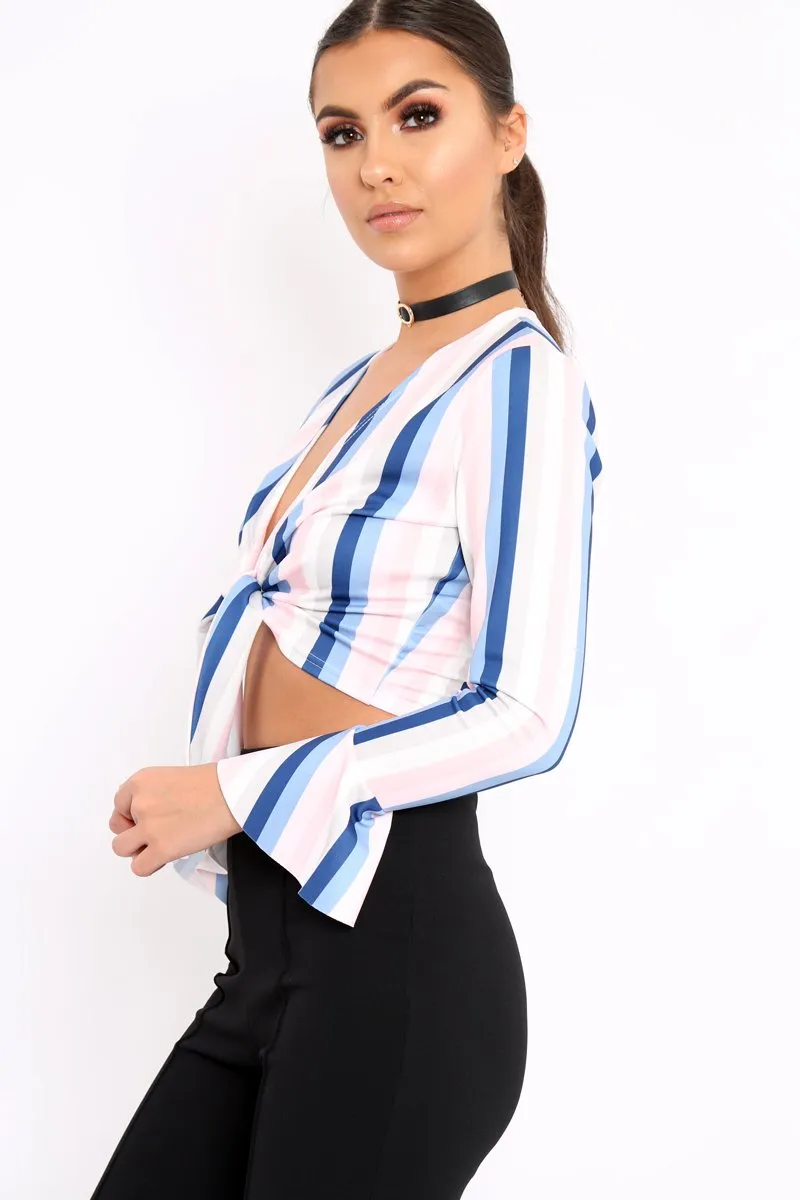 White Multi Stripe Plunge Tie Front Flare Sleeve Crop Top - Aimi