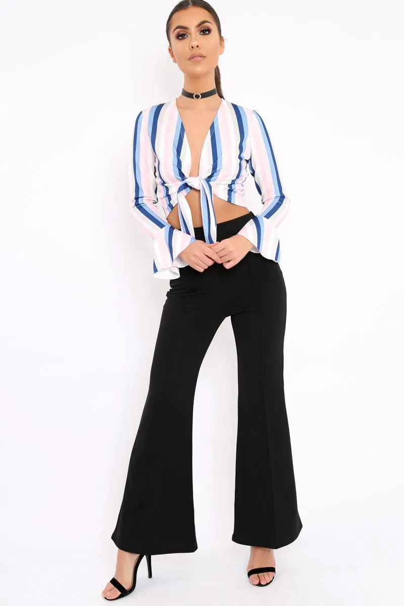 White Multi Stripe Plunge Tie Front Flare Sleeve Crop Top - Aimi