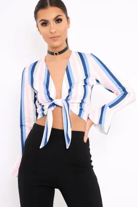 White Multi Stripe Plunge Tie Front Flare Sleeve Crop Top - Aimi