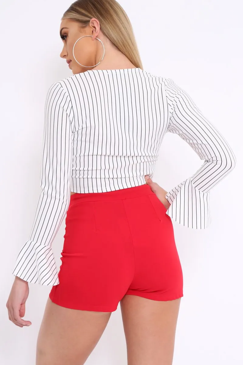 White Striped Plunge Tie Front Flare Sleeve Crop Top - Aimi