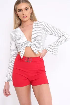 White Striped Plunge Tie Front Flare Sleeve Crop Top - Aimi