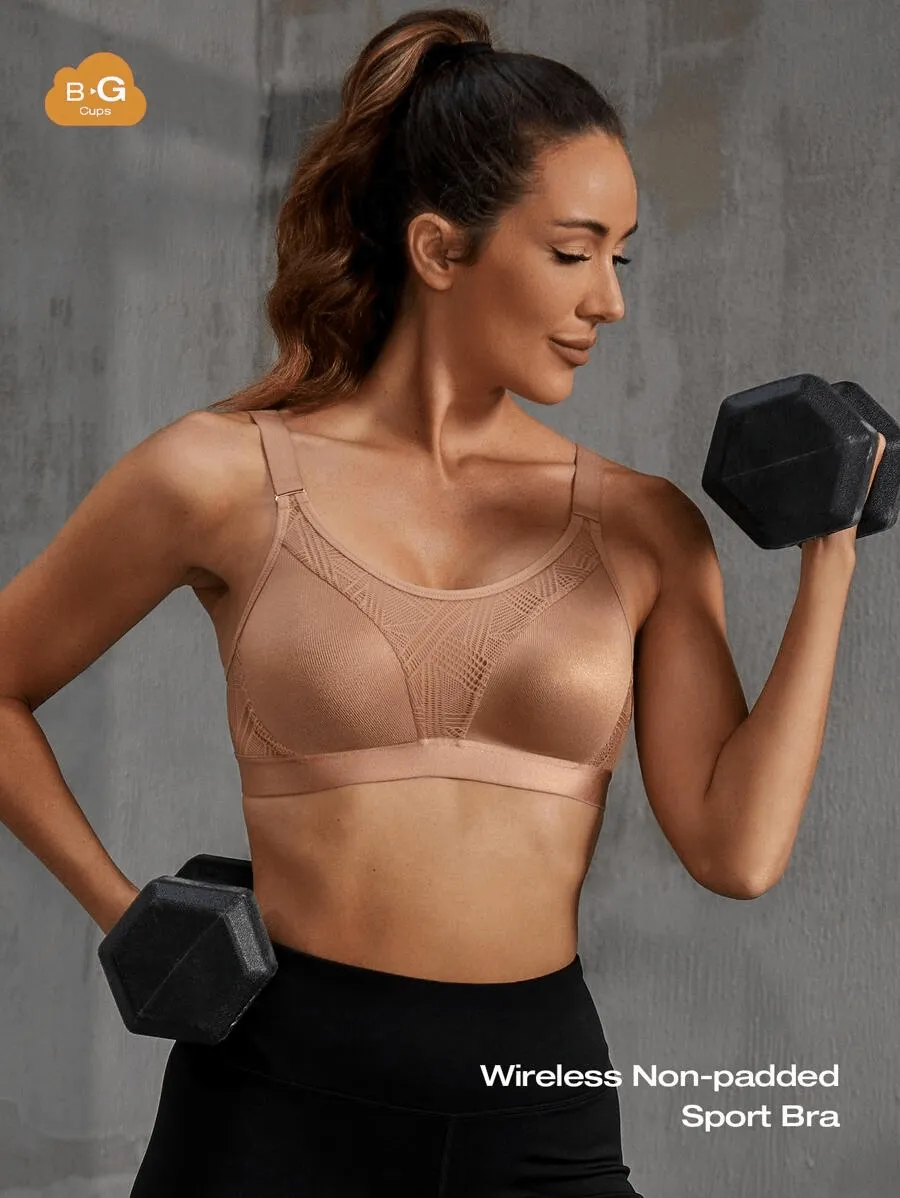 Wireless Full Coverage Workout Bra No Padded Plus Size Cross Back Exercise Sports Bra Milk Coffee